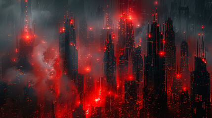 Fototapeta premium A futuristic cityscape with red hues, glowing skyscrapers, and a misty atmosphere. The scene is illuminated by dramatic lighting, creating an intense and surreal ambiance