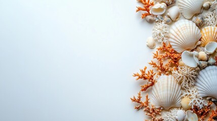 Obraz premium Seashells and coral arranged on a white isolated background.