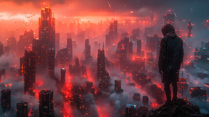Fototapeta premium A futuristic cityscape with red hues, glowing skyscrapers, and a misty atmosphere. The scene is illuminated by dramatic lighting, creating an intense and surreal ambiance