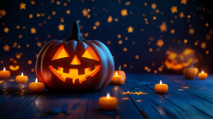 Jack-o-lantern pumpkin glowing in dark with candles and autumn leaves, spooky Halloween night scene with eerie lighting and festive decorations