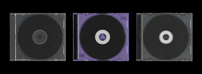 set of three isolated mockup of old music CD disc jewel case with black cover layout on CD for photo and artworks, in black background, y2k style	