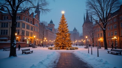 Generative AI, a christmas tree is lit up in a snowy town square at night with a lit up tree in the middle, magical atmosphere, a digital rendering, naive art
