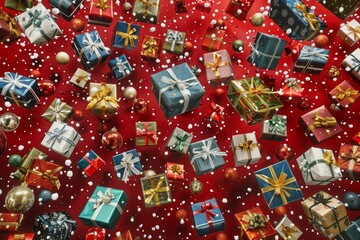 Fototapeta premium assortment gifts various sizessmall medium largeare falling from above against solidcolored background presents wrapped bright holiday paper with bows creating dynamic playful scene