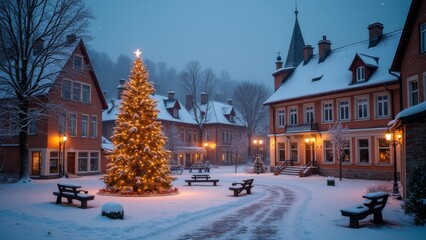 Generative AI, a christmas tree is lit up in a snowy town square at night with a lit up tree in the middle, magical atmosphere, a digital rendering, naive art
