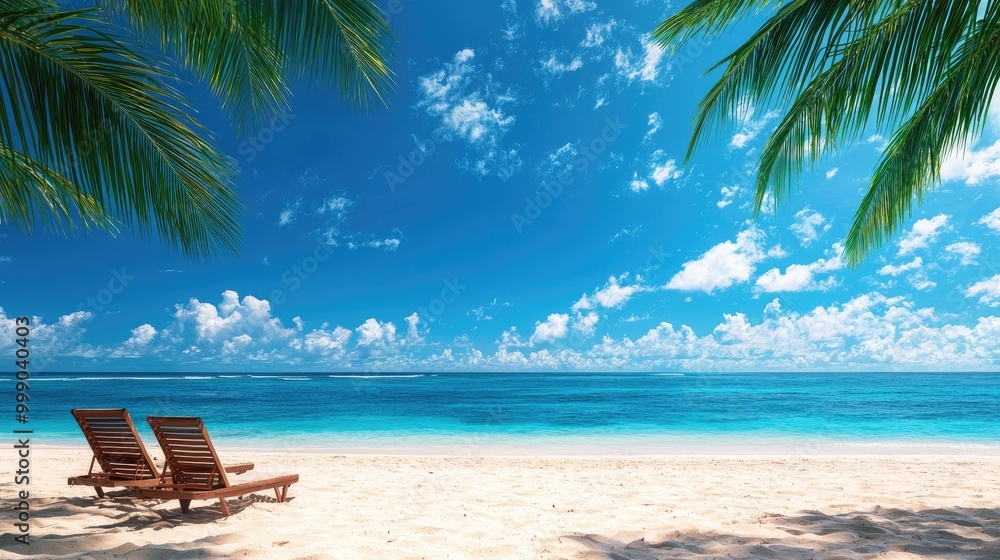 Wall mural tropical beach with palm trees, sun loungers and clear blue sky, perfect for relaxation.