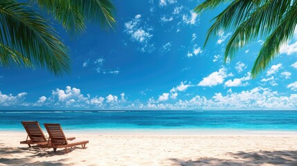 Tropical beach with palm trees, sun loungers and clear blue sky, perfect for relaxation.