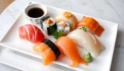 A beautifully plated sushi assortment, generative ai