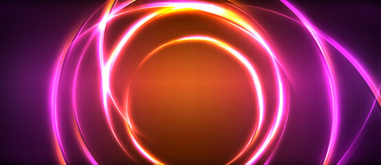 Neon glowing circle rays, light round lines in the dark, planet style neon wave lines. Energetic electric concept design for wallpaper, banner, background