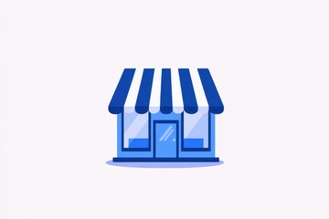 Illustration of a small blue storefront with a striped awning