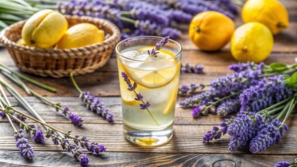 Refreshing lavender lemonade with lemon slices and fresh lavender served on a rustic wooden table backdrop