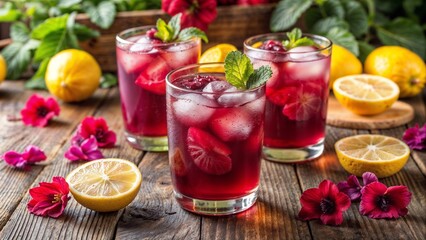 Refreshing hibiscus lemonade served in glass cups with raspberries and mint, set on a rustic wooden table