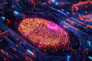 Digital Fingerprint with Colorful Circuit Lines on a Black Background.