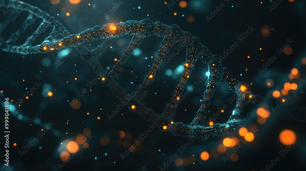 Wall mural a 3d rendering of a glowing dna helix with orange and blue particles in the background.