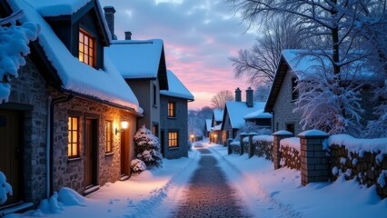 Generative AI, a snowy street with a church in the background and a light pole in the foreground with a clock tower in the distance, winter, a matte painting, heidelberg school
