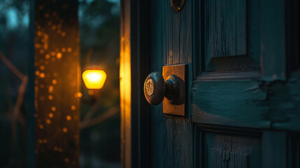 Vintage wooden door knob at night illuminated by warm street light, rustic evening atmosphere concept