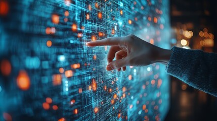 Big data technology and data science: an engineer interacts with flowing data on a virtual screen, utilizing business analytics, AI, and machine learning to analyze data streams. Ultra realistic