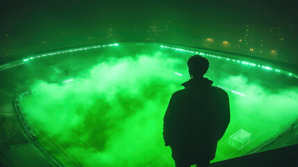 A person standing in a stadium filled with green smoke and illuminated by green lights, overlooking an eerie and surreal sports event setting
