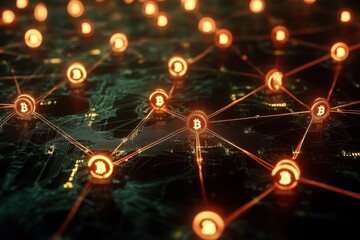 Digital Representation of a Blockchain Network with Interconnected Nodes and Glowing Bitcoin Symbols on a Dark Background.
