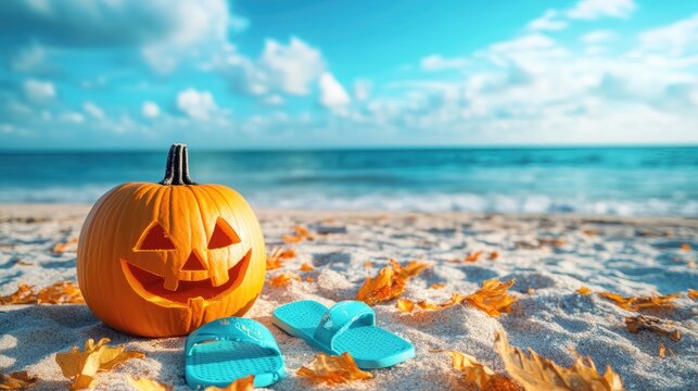 Beach and Ocean Halloween Theme with Pumpkin and Flip Flops
