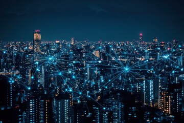 Fototapeta premium Futuristic Cityscape at Dusk with Glowing Digital Nodes and Network Connections Overlaying Buildings, Representing Advanced Technology and Connectivity.