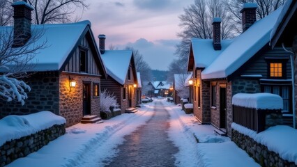 Fototapeta premium Generative AI, a snowy street with a church in the background and a light pole in the foreground with a clock tower in the distance, winter, a matte painting, heidelberg school 
