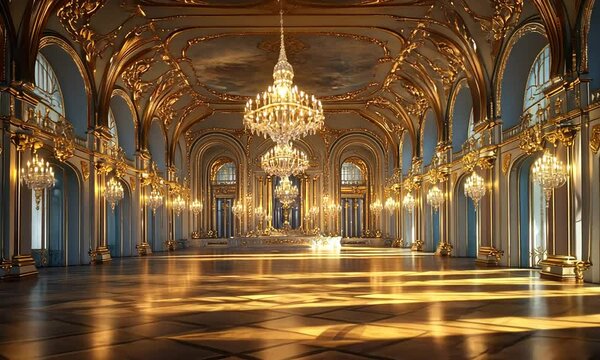 Grand Ballroom with Golden Decor and Crystal Chandeliers