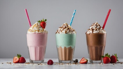 Three Ice Cream Shakes with Whipped Cream and Strawberries
