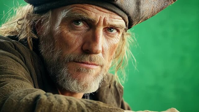 Seasoned pirate with a weathered face and a stern expression is captured against a vibrant green screen, providing versatile footage for creative projects