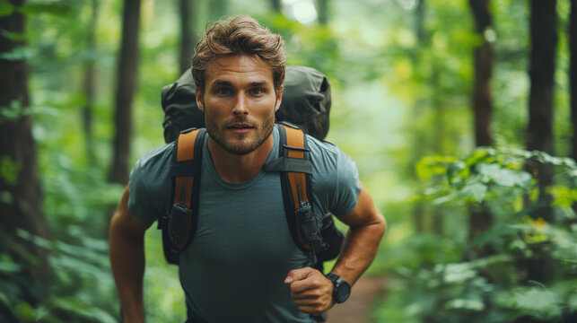 Young man hiking in a dense green forest, wearing a backpack and looking determined. Focused and ready for adventure in nature, representing outdoor exploration and physical challenge