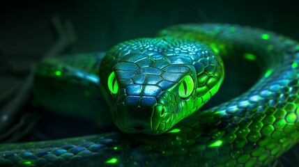 Fototapeta premium A green snake with neon green eyes