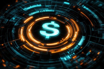 Glowing Neon Dollar Sign in the Center of a Circular Digital Interface on a Black Background.