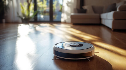 Automated smart robot vacuum cleaner in a modern living room, cleaning hardwood floors in the sunlight. High-tech home automation and innovation in household appliances