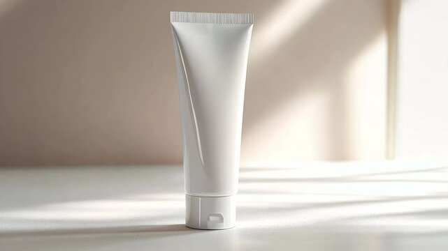 Close-up of a mockup of a white cream tube on a light beige background with space for text, logo or inscriptions, advertising cosmetics and body care
