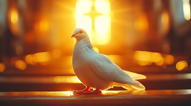 White dove perched on a ledge with a cross shaped window behind it.