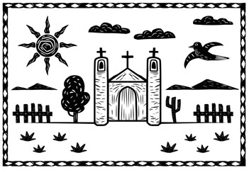 Typical scenery from the interior of Brazil. A church with a backdrop of sun, birds and clouds. Woodcut style elements, vectorized and separated.