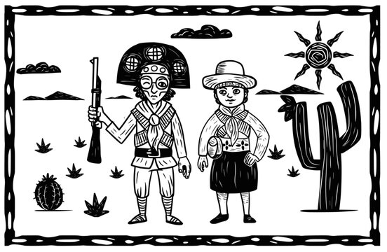 Lampi&atilde;o e Maria Bonita. Traditional leather clothing, cowboys from northeastern Brazil. Woodcut style. Canga&ccedil;o