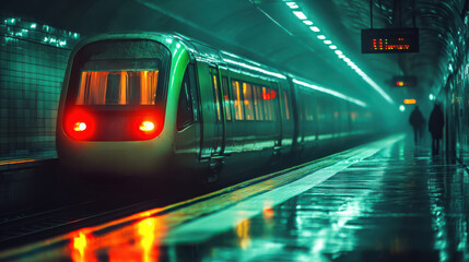 Fototapeta premium Subway train arriving at an underground station in the city, illuminated by moody neon lights and reflections on wet platform. Urban transportation in a futuristic setting.