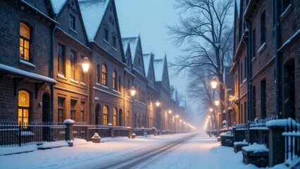 Obraz premium Generative AI, a snowy street with a church in the background and a light pole in the foreground with a clock tower in the distance, winter, a matte painting, heidelberg school 