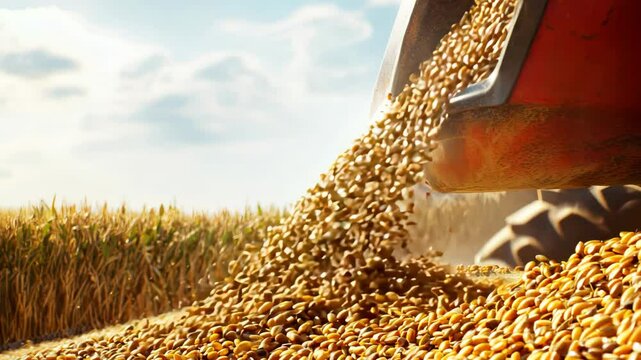 Spilling grain or corn kernels from a combine harvester into a pile close-up, harvest motif
