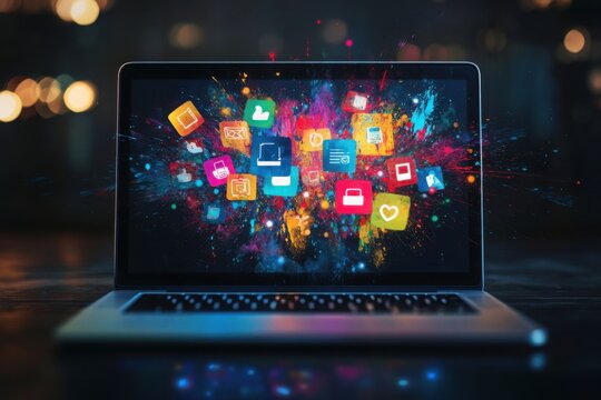 Vibrant App Icons Exploding from Laptop, Paint Splashes.