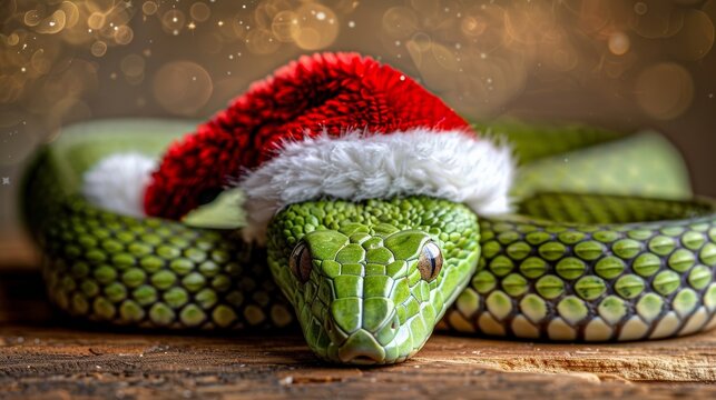 highly realistic green wooden snake with textured wooden surface curled elegantly center snake wearing traditional white Santa adding festive touch natural earthy appearance background neutral allowin