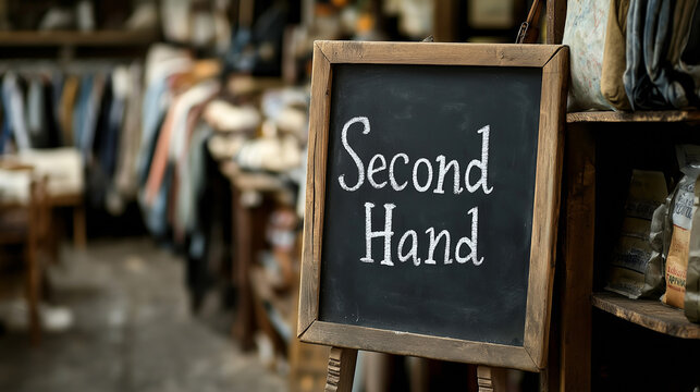 Secondhand store chalkboard sign, wooden frame, used clothing shop, vintage atmosphere, sustainable shopping concept