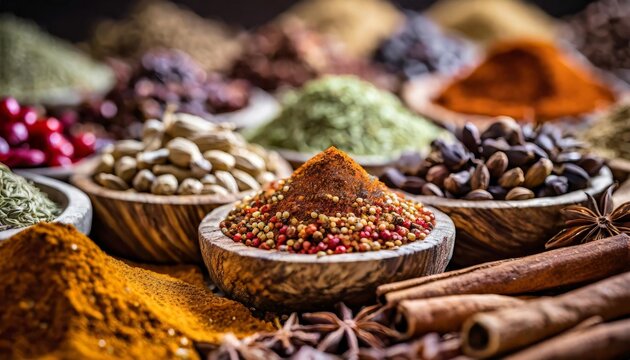 Exotic spice markets with depth of field featuring an array of spices and rich textures