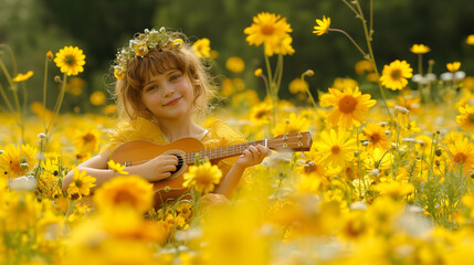 Fototapeta premium Joyful child playing guitar in a field of yellow flowers, surrounded by nature, happy childhood concept