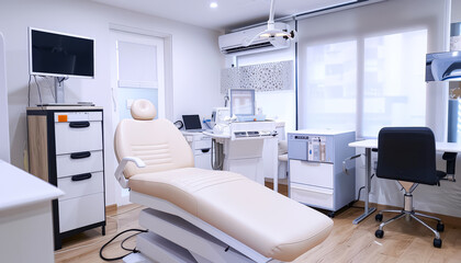 Clean and sterile room with a tan chair and a white desk. The room is well lit and has a modern feel