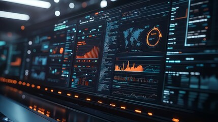 Obraz premium Business intelligence analyst dashboard on virtual screen. big data graphs charts. analysis data. Ultra realistic. Photorealistic