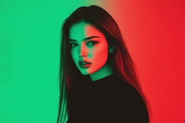 Fototapeta premium Portrait of a beautiful woman with split lighting in red and green standing in a studio 