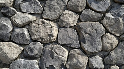 Fototapeta premium A close up of a rustic stone wall made of gray and light gray rounded rocks.
