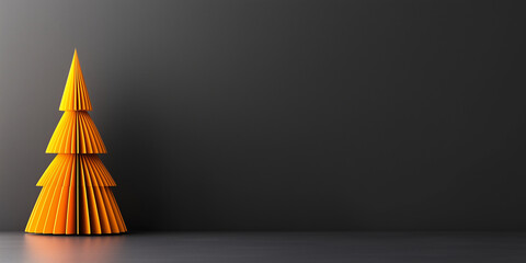 Sleek modern orange christmas tree stands in a room with a dark gray backdrop with copy space