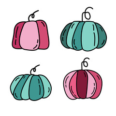 Doodle hand drawn pumpkins set illustration. Autumn Vegetable harvest. Pink pumpkin flat trendy style isolated. Halloween Thanksgiving holiday element for card, invitation, banner, packaging design